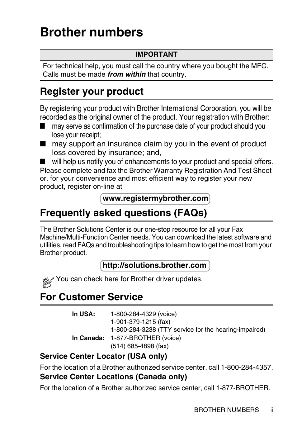 Brother numbers, Register your product, Frequently asked questions (faqs) | For customer service | Brother MFC-8820DN User Manual | Page 3 / 421