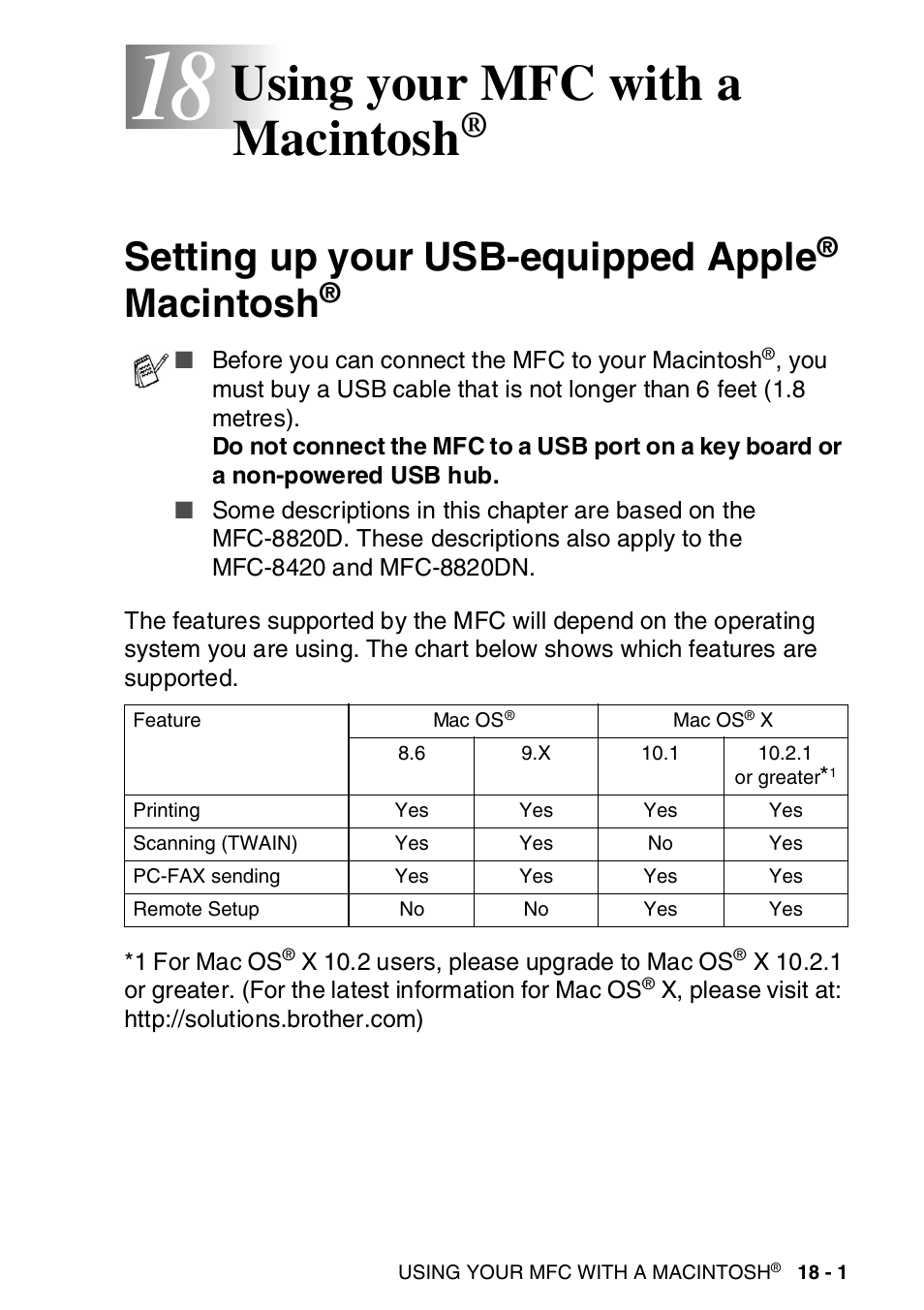 18 using your mfc with a macintosh, Setting up your usb-equipped apple® macintosh, Using your mfc with a macintosh | Setting up your usb-equipped apple, Macintosh | Brother MFC-8820DN User Manual | Page 300 / 421