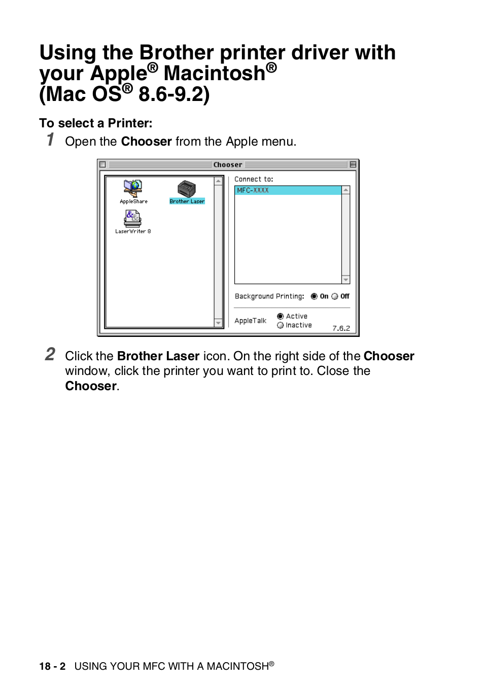 Using the brother printer driver with your apple, Macintosh, Mac os 8.6-9.2) -2 | Mac os | Brother MFC-8820DN User Manual | Page 301 / 421