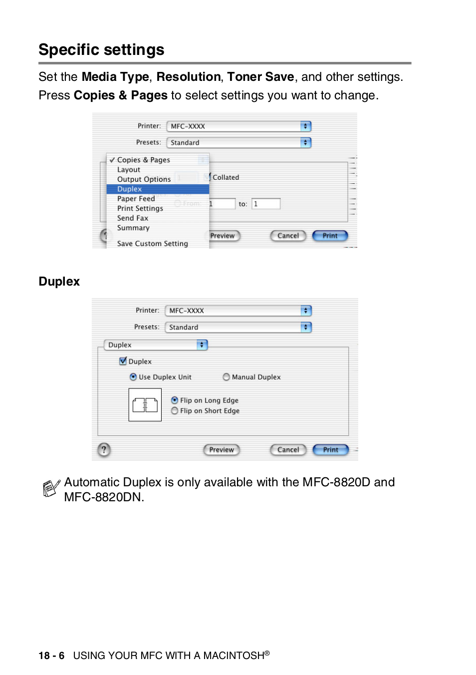 Specific settings, Specific settings -6 | Brother MFC-8820DN User Manual | Page 305 / 421