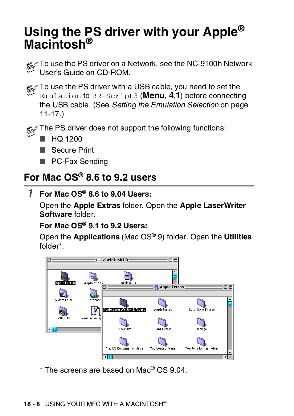 Using the ps driver with your apple® macintosh, For mac os® 8.6 to 9.2 users, Using the ps driver with your apple | Macintosh, For mac os 8.6 to 9.2 users -8, For mac os, 6 to 9.2 users | Brother MFC-8820DN User Manual | Page 307 / 421