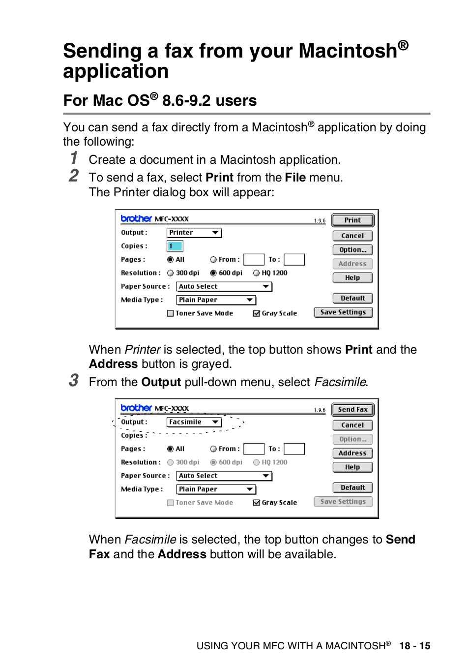 Sending a fax from your macintosh® application, For mac os® 8.6-9.2 users, Sending a fax from your macintosh | Application -15, For mac os 8.6-9.2 users -15, Application, For mac os, 9.2 users | Brother MFC-8820DN User Manual | Page 314 / 421