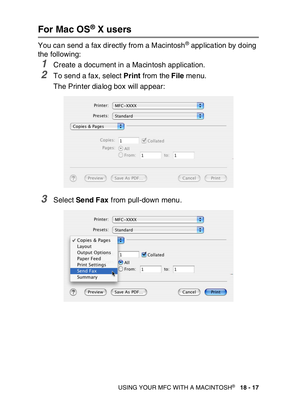 For mac os® x users, For mac os x users -17, For mac os | X users | Brother MFC-8820DN User Manual | Page 316 / 421