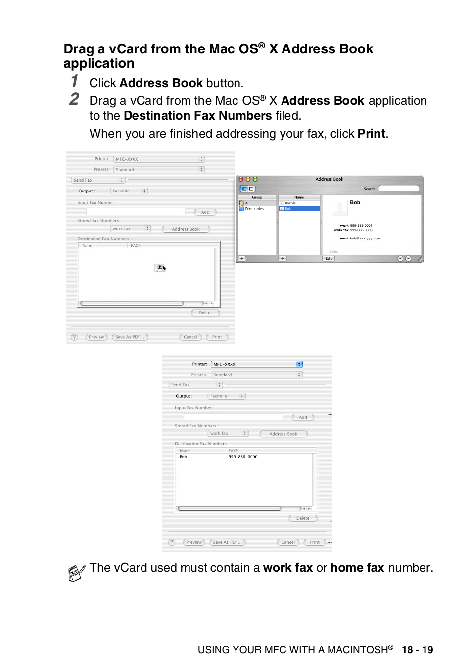 Drag a vcard from the mac, Os x address book, Application -19 | Brother MFC-8820DN User Manual | Page 318 / 421