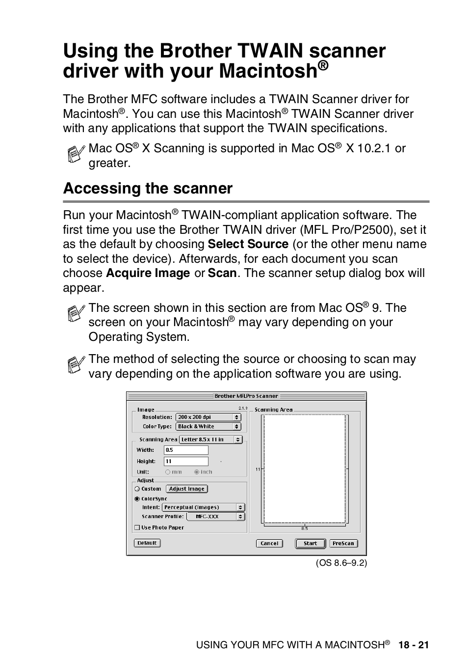 Accessing the scanner, Using the brother twain scanner driver with your, Macintosh | Accessing the scanner -21 | Brother MFC-8820DN User Manual | Page 320 / 421