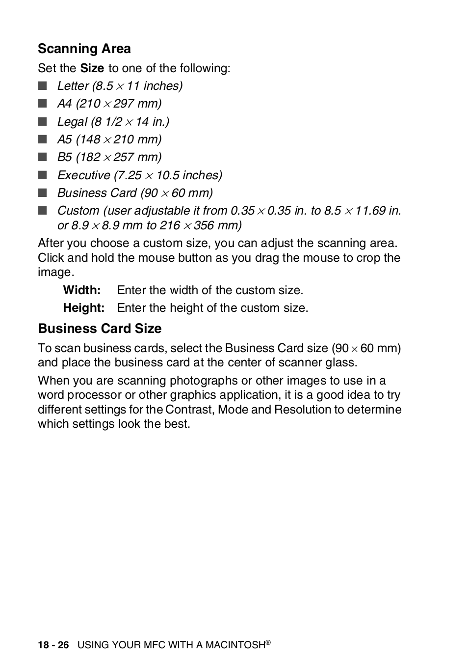 Scanning area, Business card size, Scanning area -26 business card size -26 | Brother MFC-8820DN User Manual | Page 325 / 421
