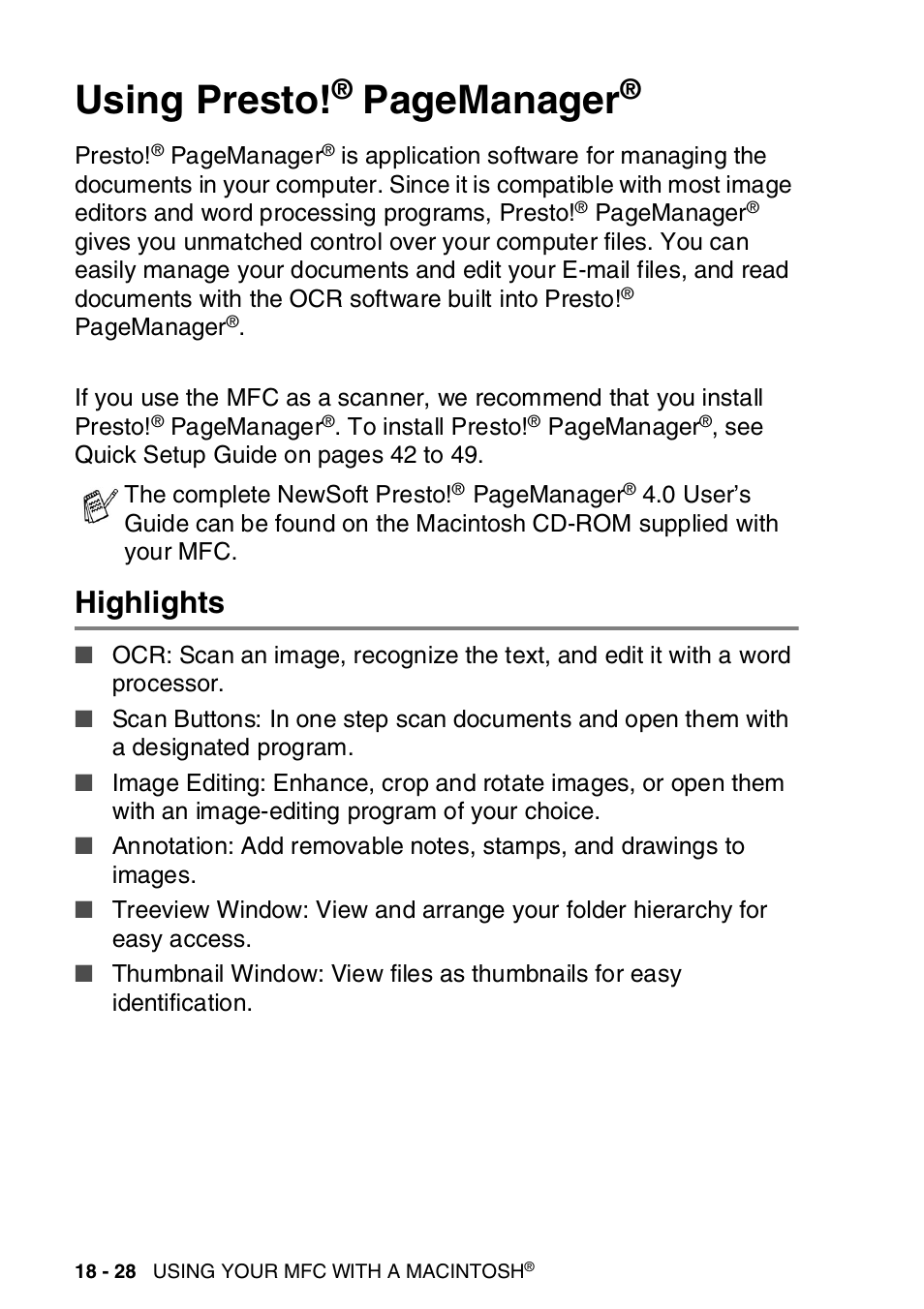 Highlights, Using presto, Highlights -28 | Pagemanager | Brother MFC-8820DN User Manual | Page 327 / 421