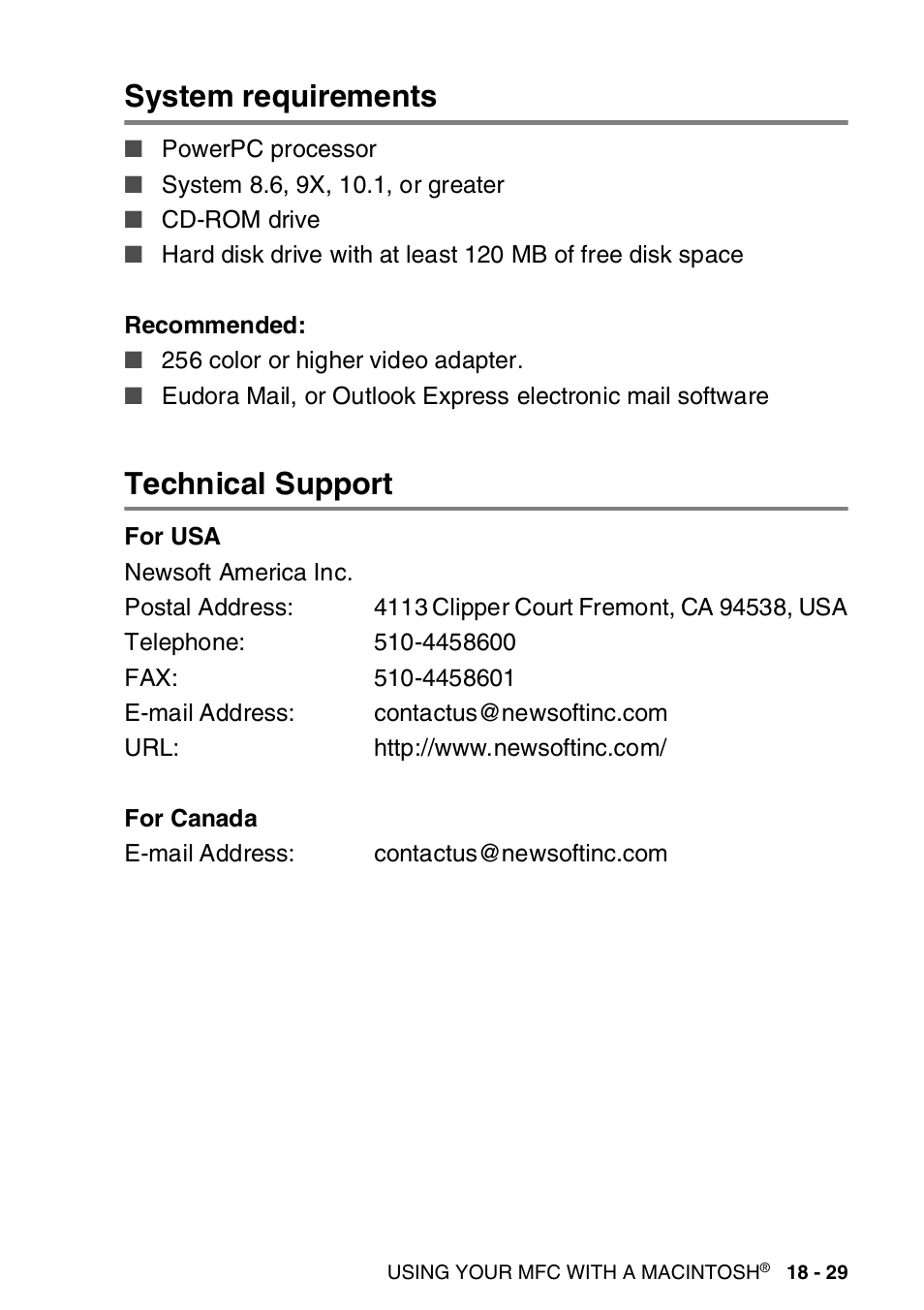 System requirements, Technical support, System requirements -29 technical support -29 | Brother MFC-8820DN User Manual | Page 328 / 421