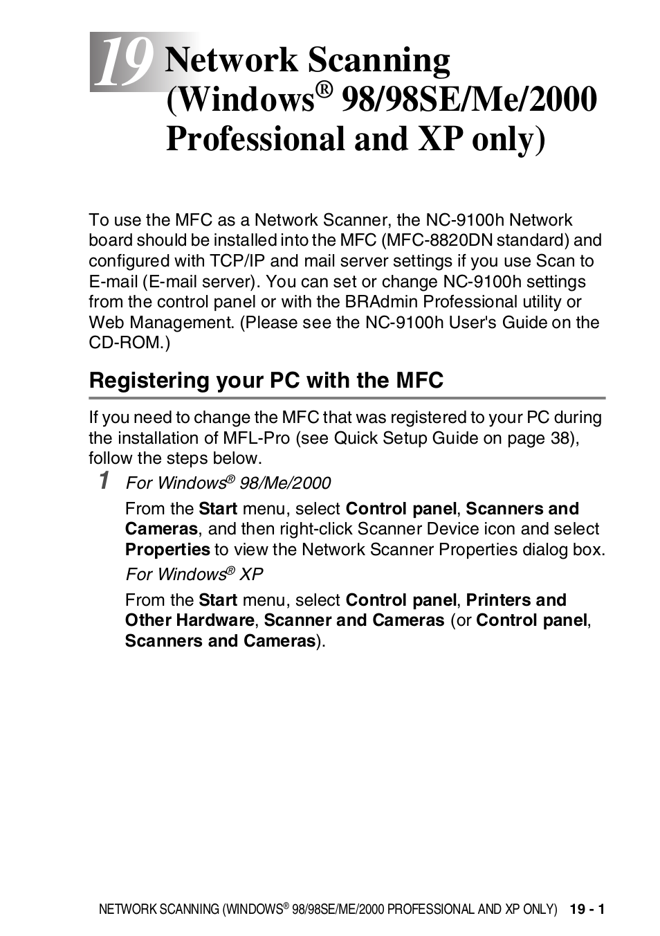 Registering your pc with the mfc, Network scanning (windows, 98/98se/me/2000 professional | And xp only) -1, Registering your pc with the mfc -1 | Brother MFC-8820DN User Manual | Page 331 / 421