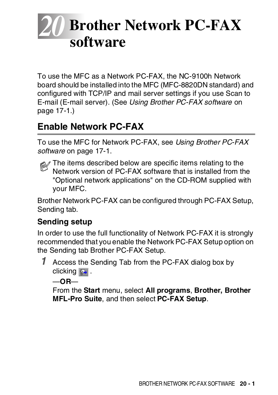 20 brother network pc-fax software, Enable network pc-fax, Sending setup | Brother network pc-fax software -1, Enable network pc-fax -1, Sending setup -1, Brother network pc-fax software | Brother MFC-8820DN User Manual | Page 339 / 421