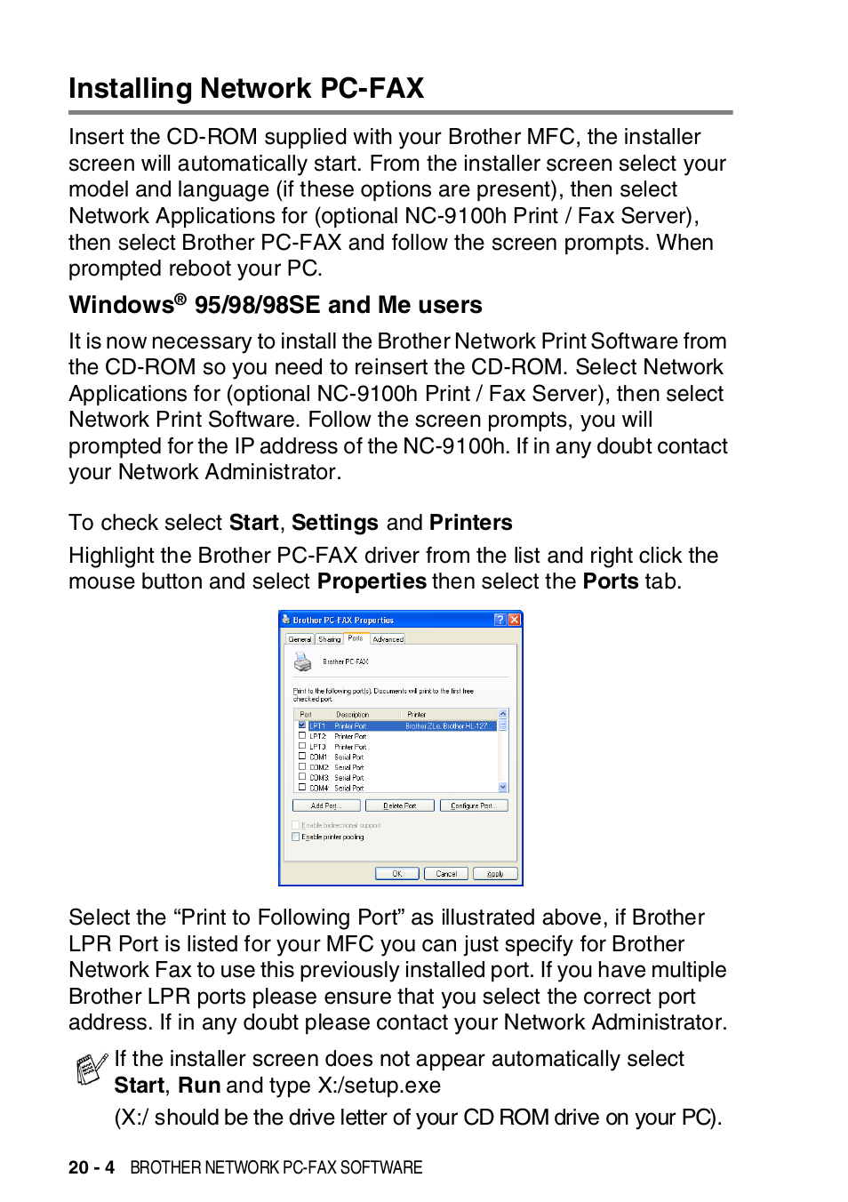 Installing network pc-fax, Windows® 95/98/98se and me users, Installing network pc-fax -4 | Windows, 95/98/98se and me users -4 | Brother MFC-8820DN User Manual | Page 342 / 421