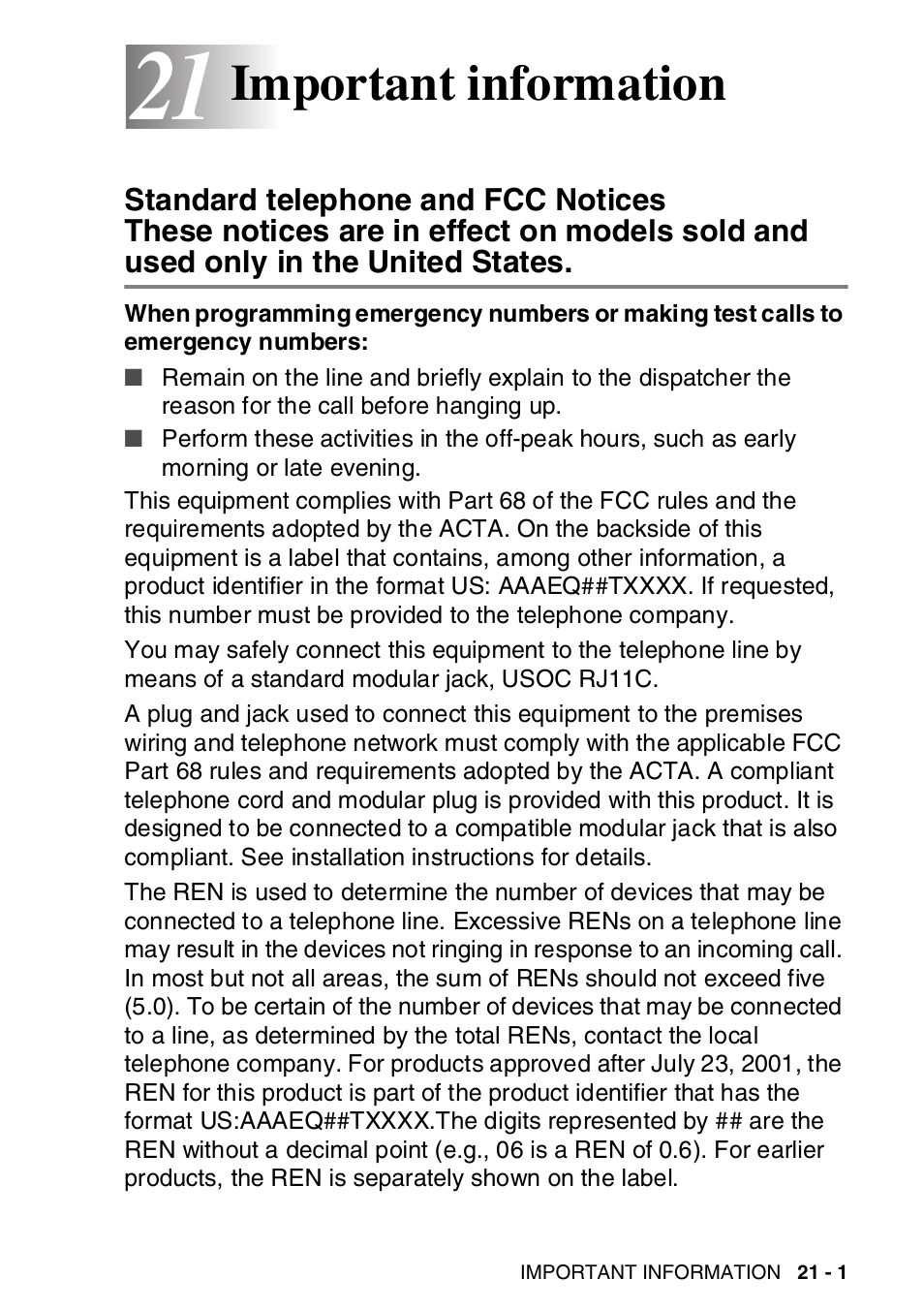 21 important information, Important information -1, Standard telephone and fcc notices | Important information | Brother MFC-8820DN User Manual | Page 345 / 421