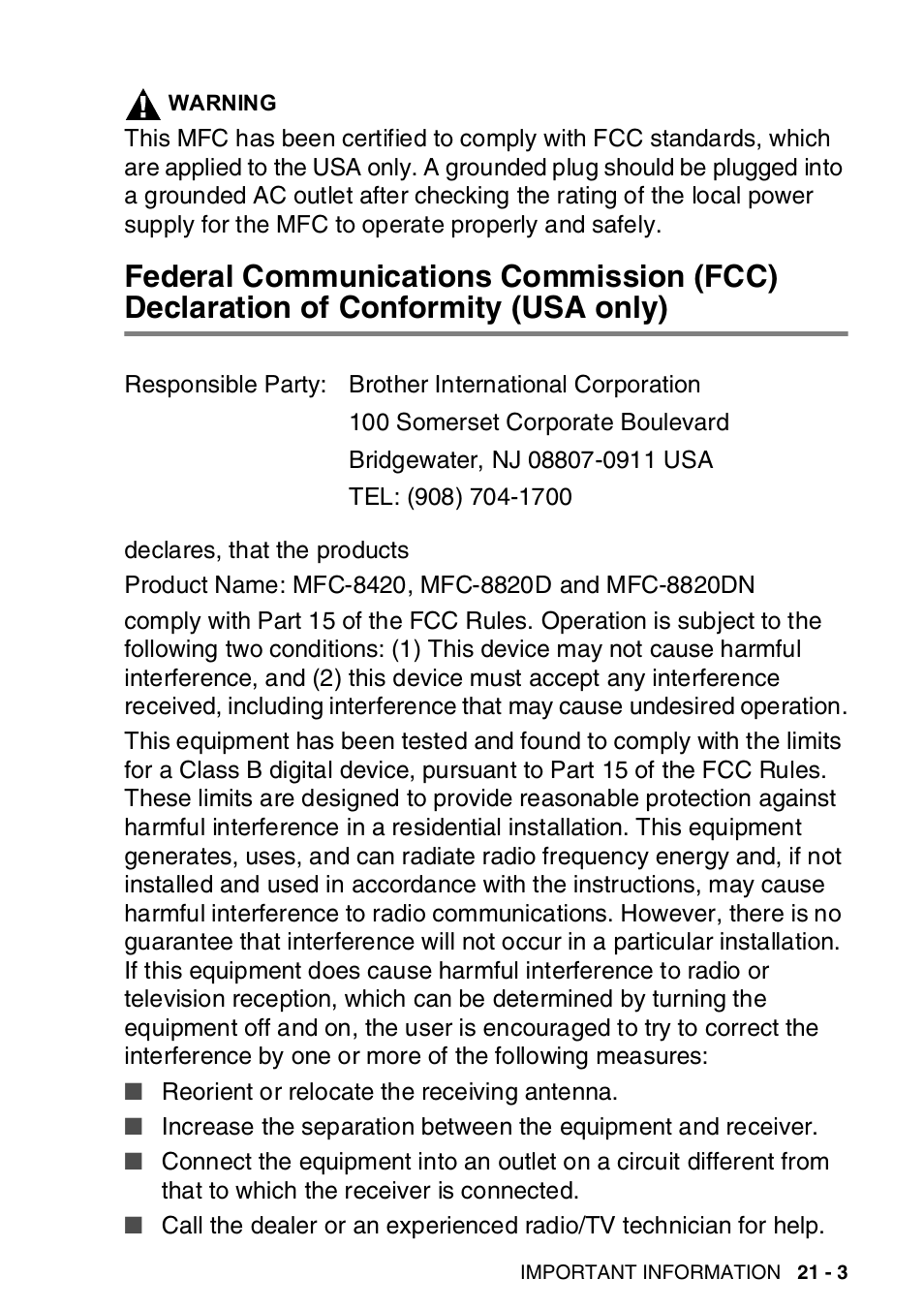 Of conformity (usa only) -3 | Brother MFC-8820DN User Manual | Page 347 / 421