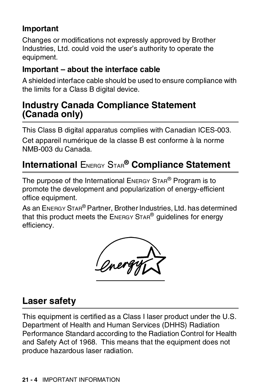 Important, Important – about the interface cable, International energy star® compliance statement | Laser safety, Industry canada compliance statement, Canada only) -4, International energy star, Compliance, Statement -4, Laser safety -4 | Brother MFC-8820DN User Manual | Page 348 / 421