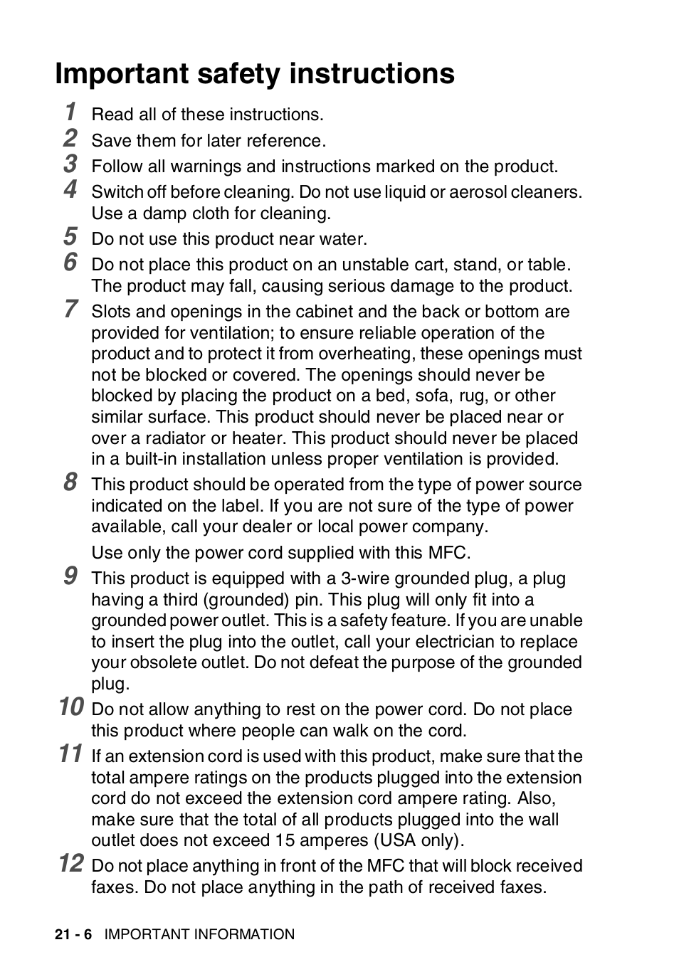 Important safety instructions, Important safety instructions -6 | Brother MFC-8820DN User Manual | Page 350 / 421