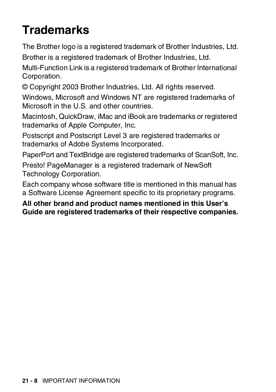 Trademarks, Trademarks -8 | Brother MFC-8820DN User Manual | Page 352 / 421