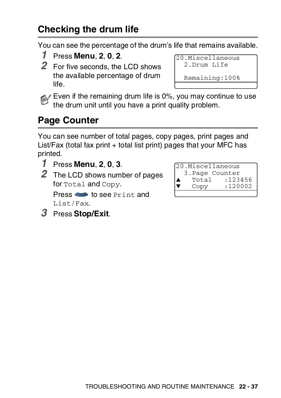 Checking the drum life, Page counter | Brother MFC-8820DN User Manual | Page 389 / 421