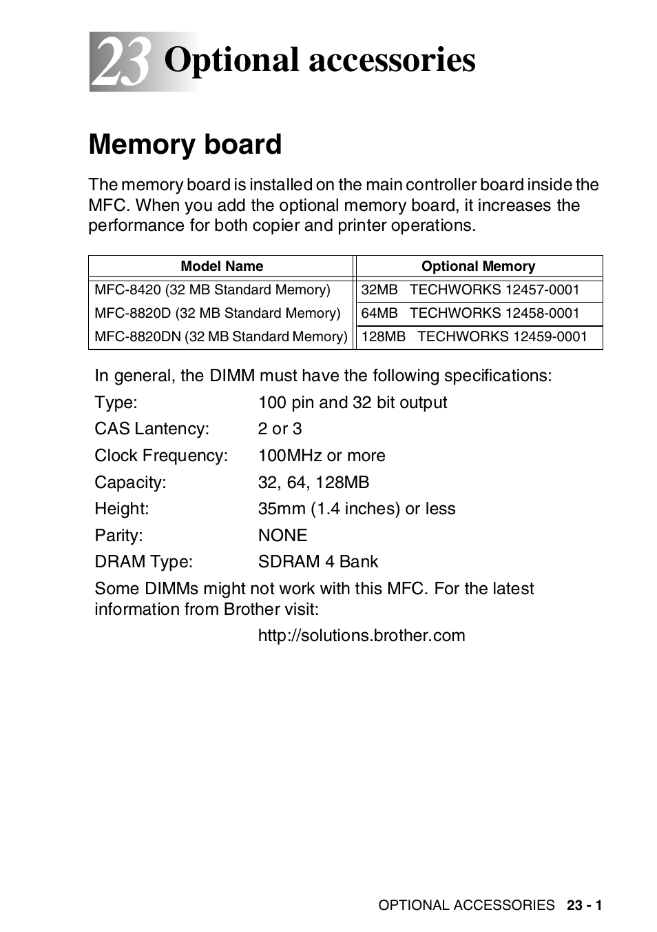 23 optional accessories, Memory board, Optional accessories -1 | Memory board -1, Optional accessories | Brother MFC-8820DN User Manual | Page 390 / 421