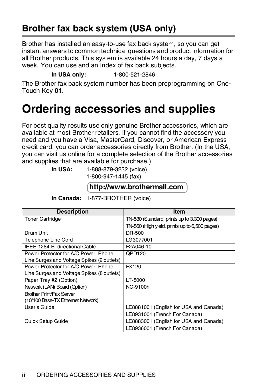 Brother fax back system (usa only), Ordering accessories and supplies | Brother MFC-8820DN User Manual | Page 4 / 421