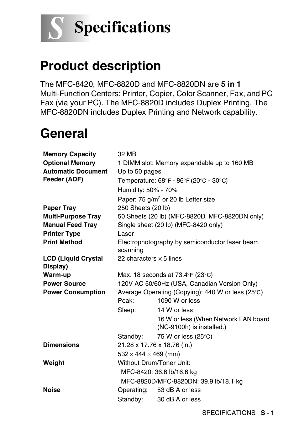 Specifications, Product description, General | Brother MFC-8820DN User Manual | Page 405 / 421