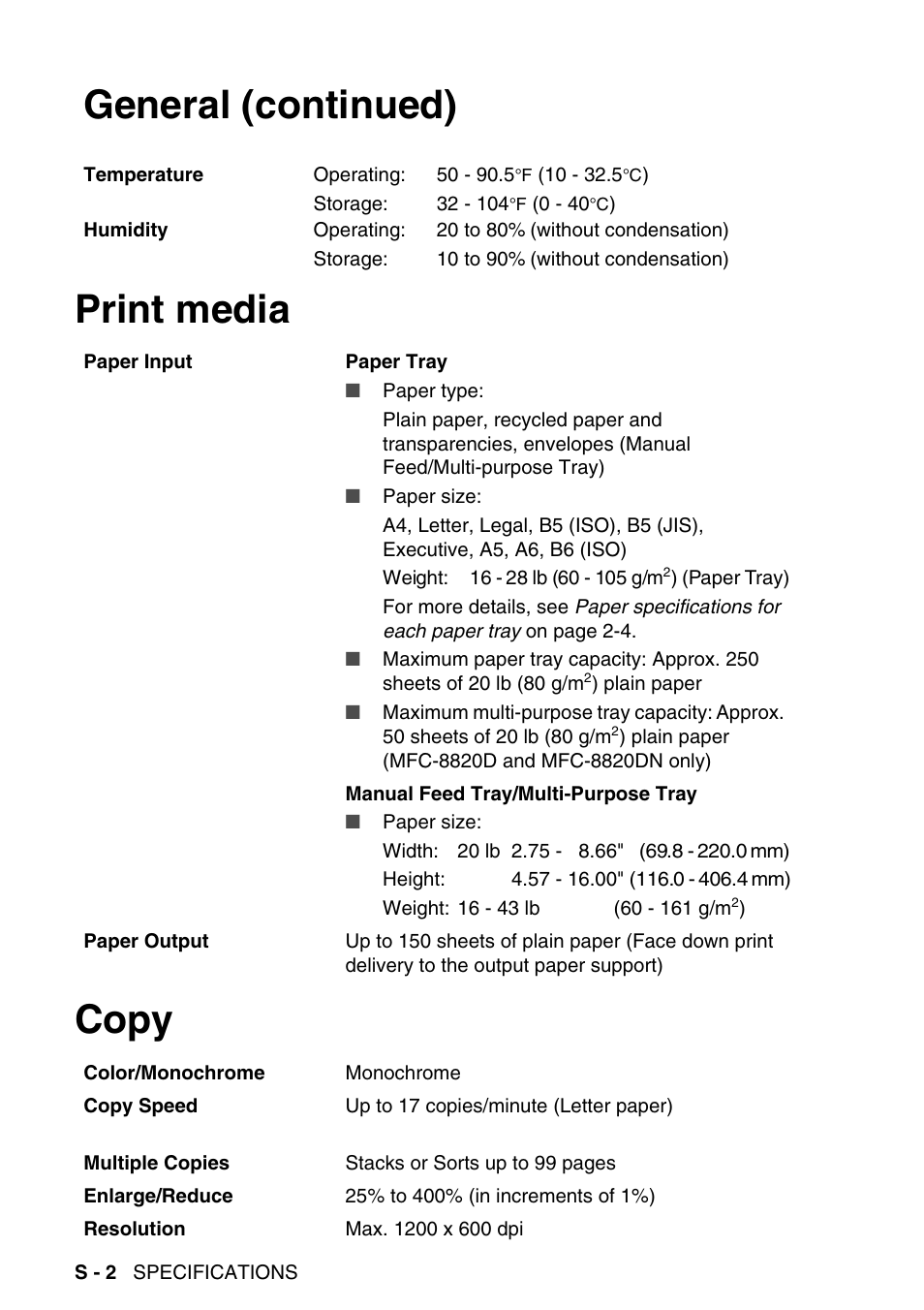 Print media, Copy, Print media copy general (continued) | Brother MFC-8820DN User Manual | Page 406 / 421