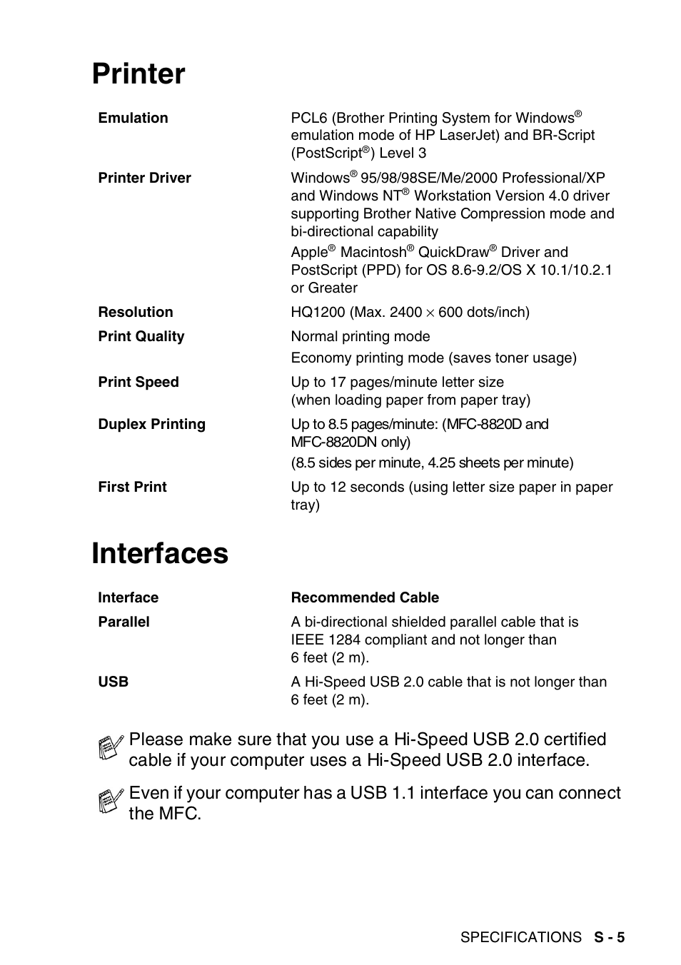 Printer, Interfaces, Printer interfaces | Brother MFC-8820DN User Manual | Page 409 / 421