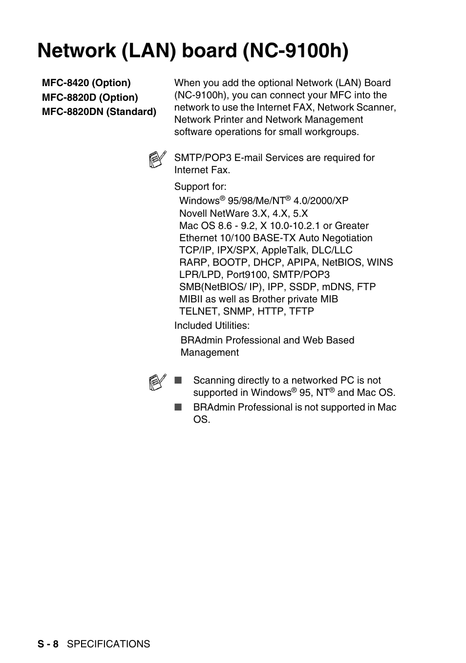 Network (lan) board (nc-9100h) | Brother MFC-8820DN User Manual | Page 412 / 421