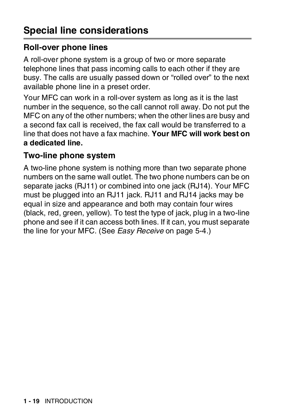 Special line considerations, Roll-over phone lines, Two-line phone system | Special line considerations -19 | Brother MFC-8820DN User Manual | Page 45 / 421