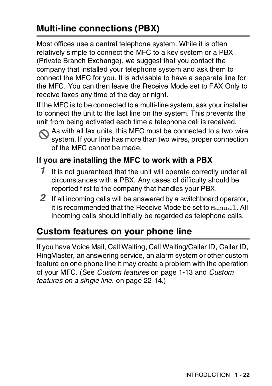 Multi-line connections (pbx), If you are installing the mfc to work with a pbx, Custom features on your phone line | Multi-line connections (pbx) -22, Custom features on your phone line -22 | Brother MFC-8820DN User Manual | Page 48 / 421