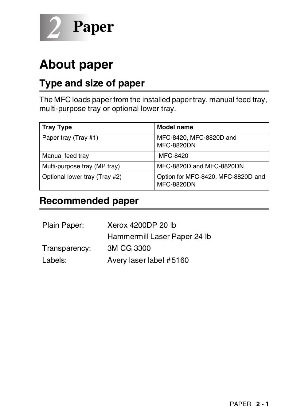 2 paper, About paper, Type and size of paper | Recommended paper, Paper -1, About paper -1, Type and size of paper -1 recommended paper -1, Paper | Brother MFC-8820DN User Manual | Page 49 / 421