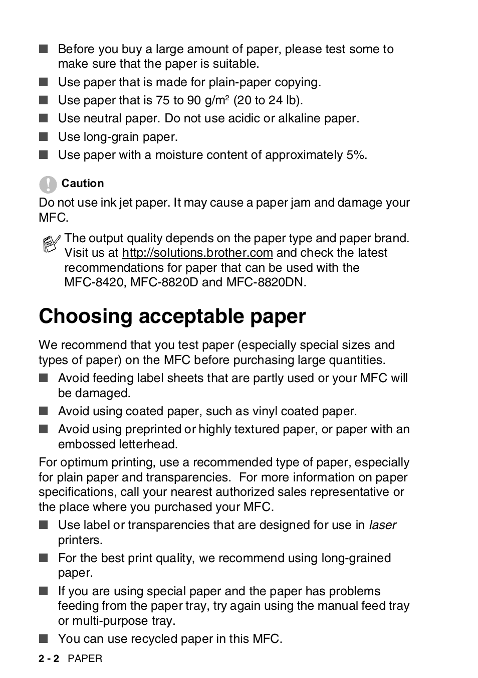 Choosing acceptable paper, Choosing acceptable paper -2 | Brother MFC-8820DN User Manual | Page 50 / 421