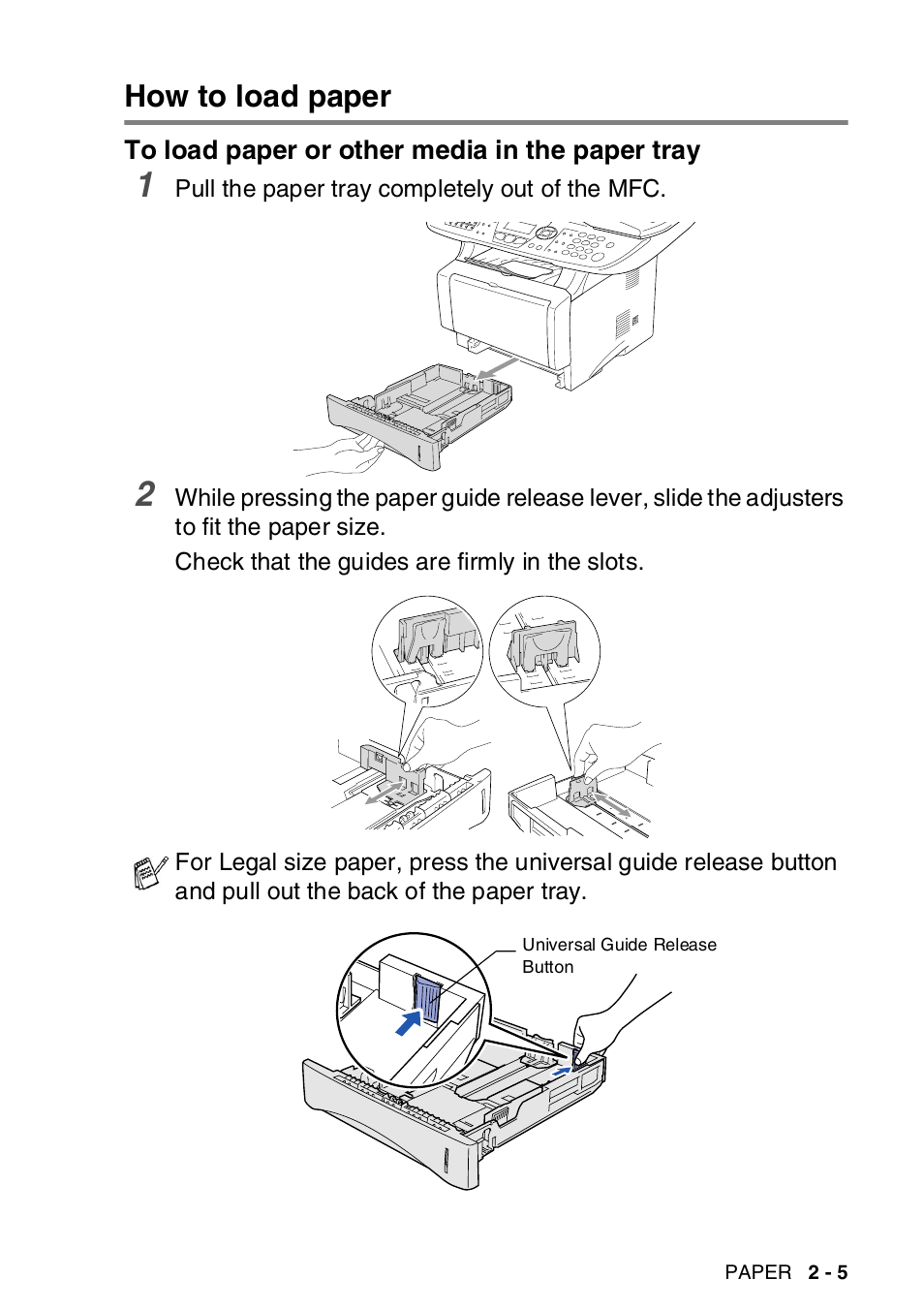 How to load paper, To load paper or other media in the paper tray, How to load paper -5 | To load paper or other media in the paper tray -5 | Brother MFC-8820DN User Manual | Page 53 / 421