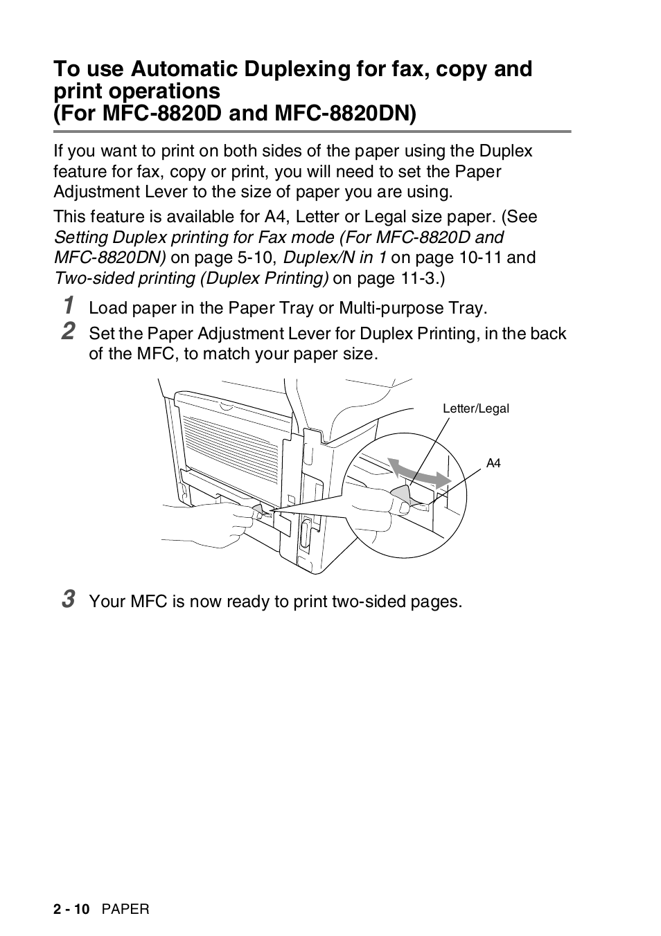 To use automatic duplexing for fax, copy and print, Operations (for mfc-8820d and mfc-8820dn) -10 | Brother MFC-8820DN User Manual | Page 58 / 421