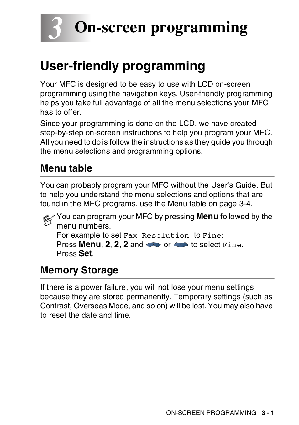 3 on-screen programming, User-friendly programming, Menu table | Memory storage, On-screen programming -1, User-friendly programming -1, Menu table -1 memory storage -1, On-screen programming | Brother MFC-8820DN User Manual | Page 59 / 421
