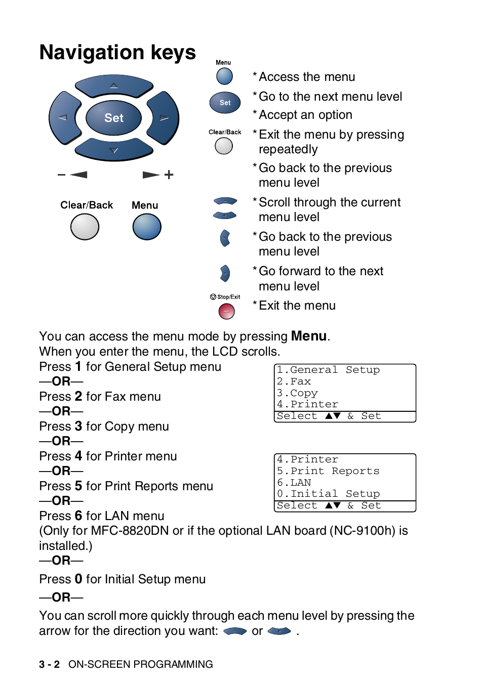 Navigation keys, Navigation keys -2 | Brother MFC-8820DN User Manual | Page 60 / 421