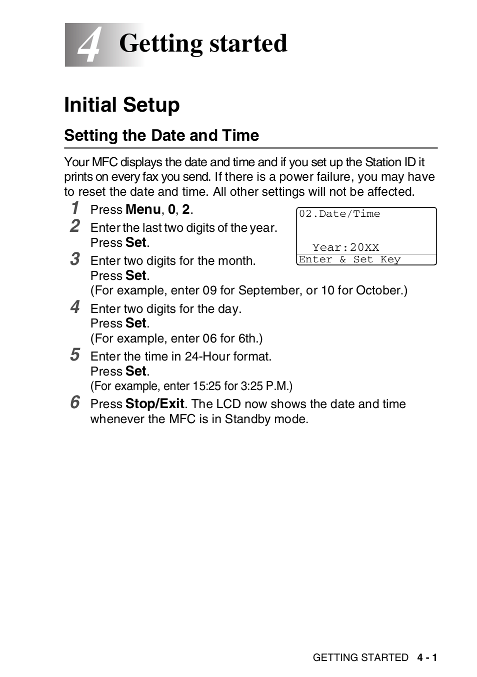 4 getting started, Initial setup, Setting the date and time | Getting started -1, Initial setup -1, Setting the date and time -1, Getting started | Brother MFC-8820DN User Manual | Page 74 / 421