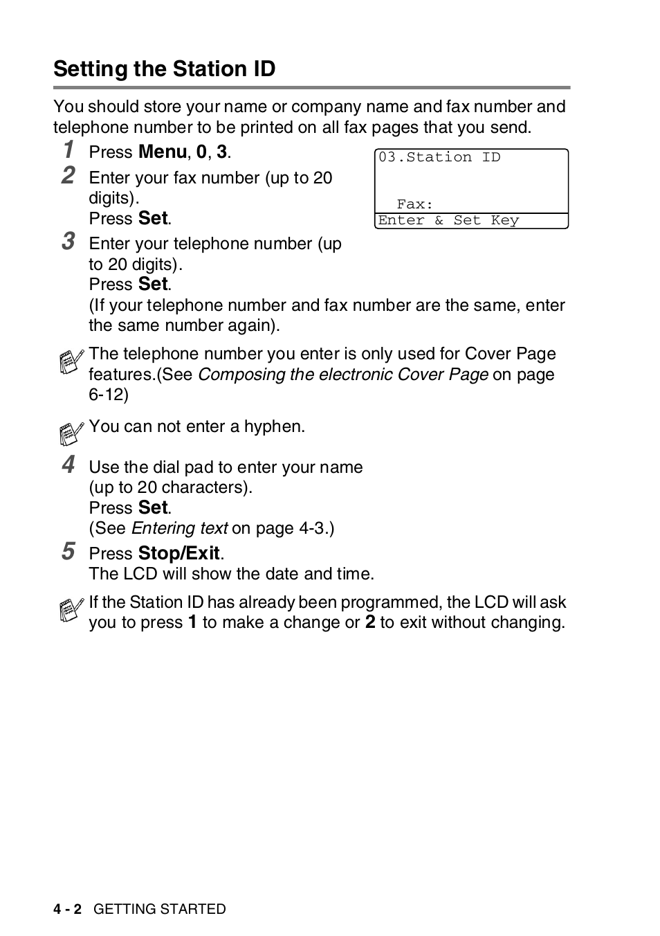 Setting the station id, Setting the station id -2 | Brother MFC-8820DN User Manual | Page 75 / 421