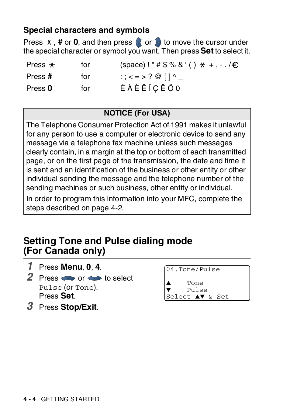 Special characters and symbols, Special characters and symbols -4, Setting tone and pulse dialing mode | For canada only) -4 | Brother MFC-8820DN User Manual | Page 77 / 421