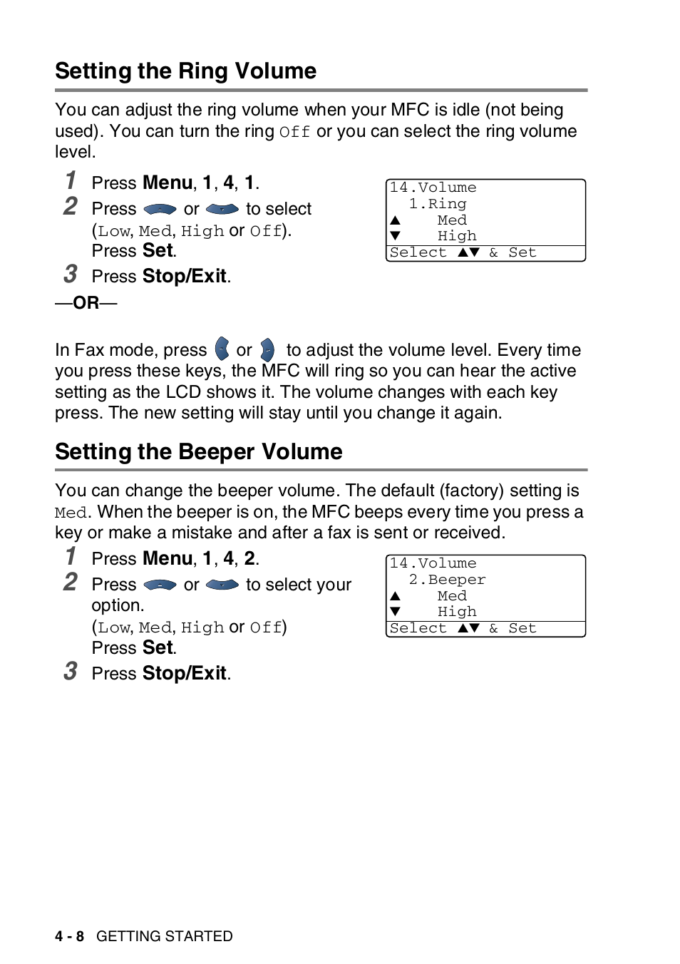 Setting the ring volume, Setting the beeper volume | Brother MFC-8820DN User Manual | Page 81 / 421