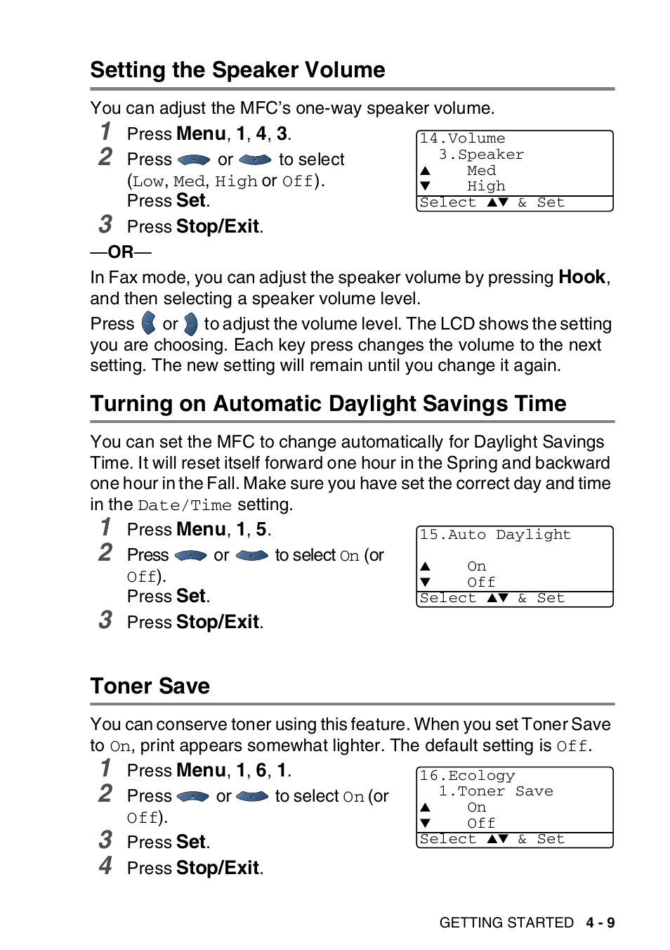 Setting the speaker volume, Turning on automatic daylight savings time, Toner save | Brother MFC-8820DN User Manual | Page 82 / 421