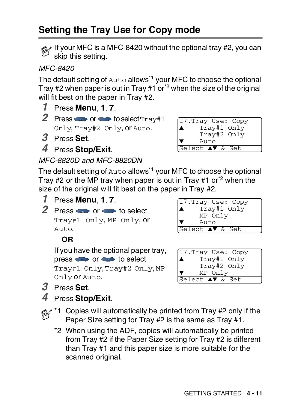 Setting the tray use for copy mode, Setting the tray use for copy mode -11 | Brother MFC-8820DN User Manual | Page 84 / 421