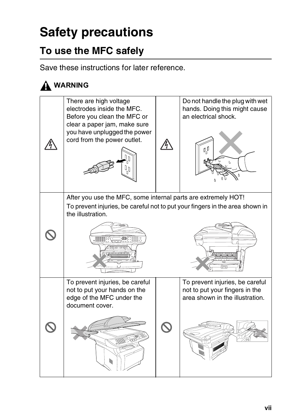 Safety precautions, To use the mfc safely | Brother MFC-8820DN User Manual | Page 9 / 421
