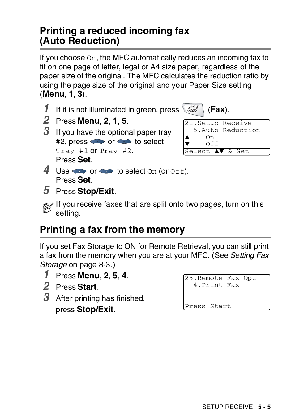 Printing a reduced incoming fax (auto reduction), Printing a fax from the memory, Printing a reduced incoming fax | Auto reduction) -5, Printing a fax from the memory -5 | Brother MFC-8820DN User Manual | Page 90 / 421