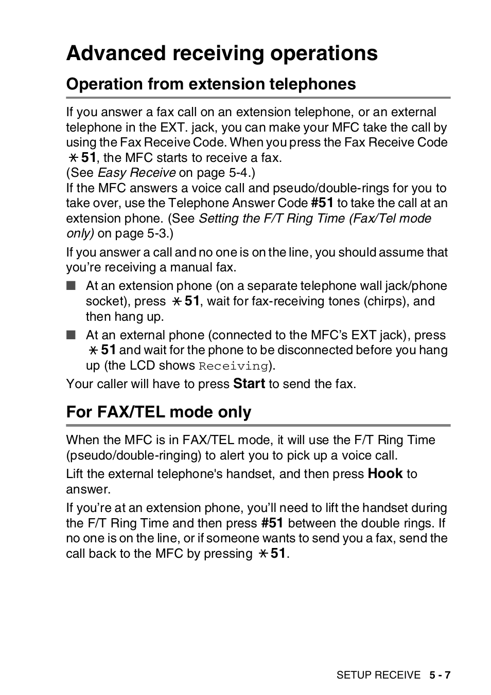 Advanced receiving operations, Operation from extension telephones, For fax/tel mode only | Advanced receiving operations -7 | Brother MFC-8820DN User Manual | Page 92 / 421