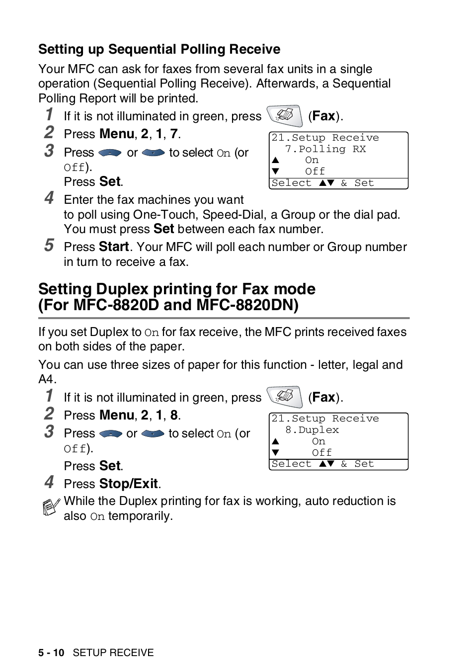 Setting up sequential polling receive, Setting up sequential polling receive -10, Setting duplex printing for fax mode | For mfc-8820d and mfc-8820dn) -10 | Brother MFC-8820DN User Manual | Page 95 / 421