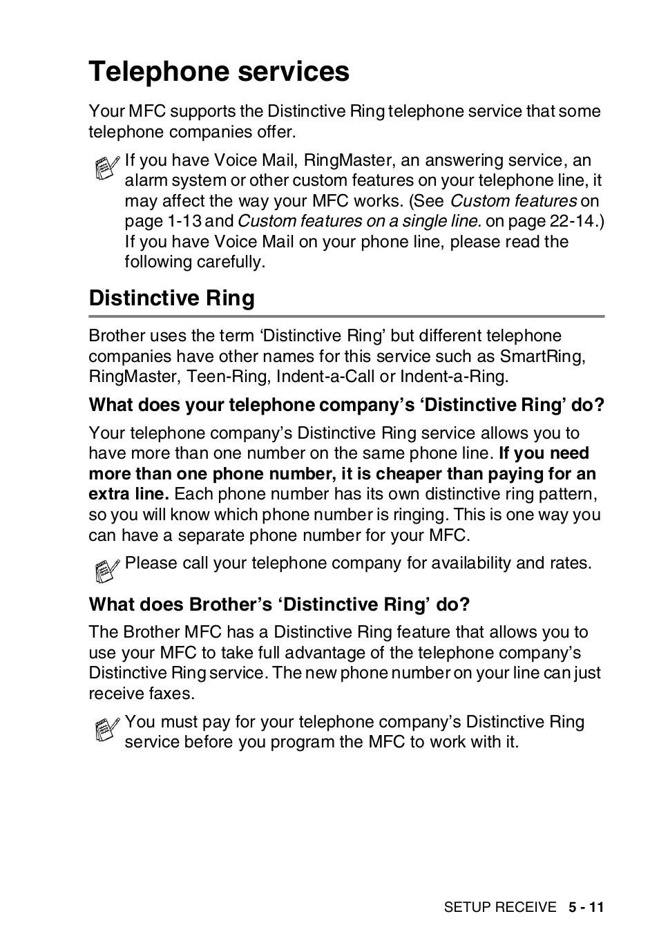 Telephone services, Distinctive ring, What does brother’s ‘distinctive ring’ do | Telephone services -11, Distinctive ring -11, What does your telephone company’s ‘distinctive, Ring’ do? -11, What does brother’s ‘distinctive ring’ do? -11 | Brother MFC-8820DN User Manual | Page 96 / 421