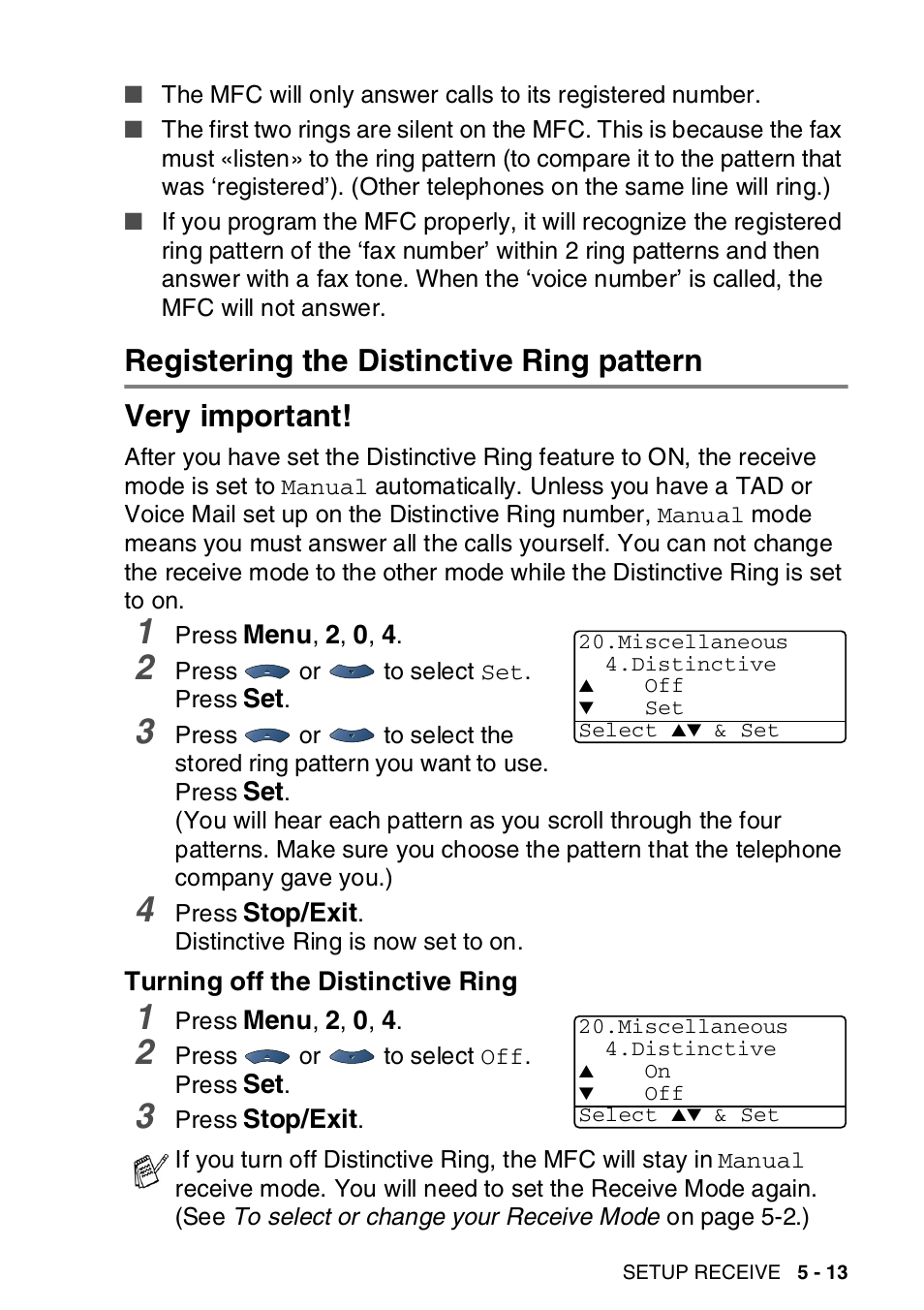 Registering the distinctive ring pattern, Turning off the distinctive ring, Registering the distinctive ring pattern -13 | Turning off the distinctive ring -13 | Brother MFC-8820DN User Manual | Page 98 / 421