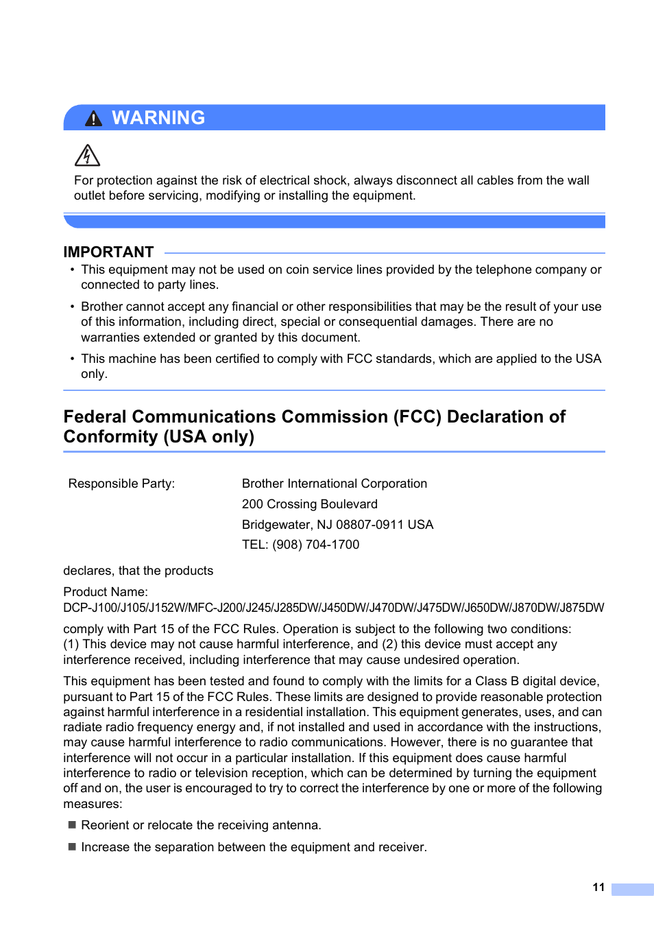 Warning, Important | Brother DCP-J152W User Manual | Page 11 / 16