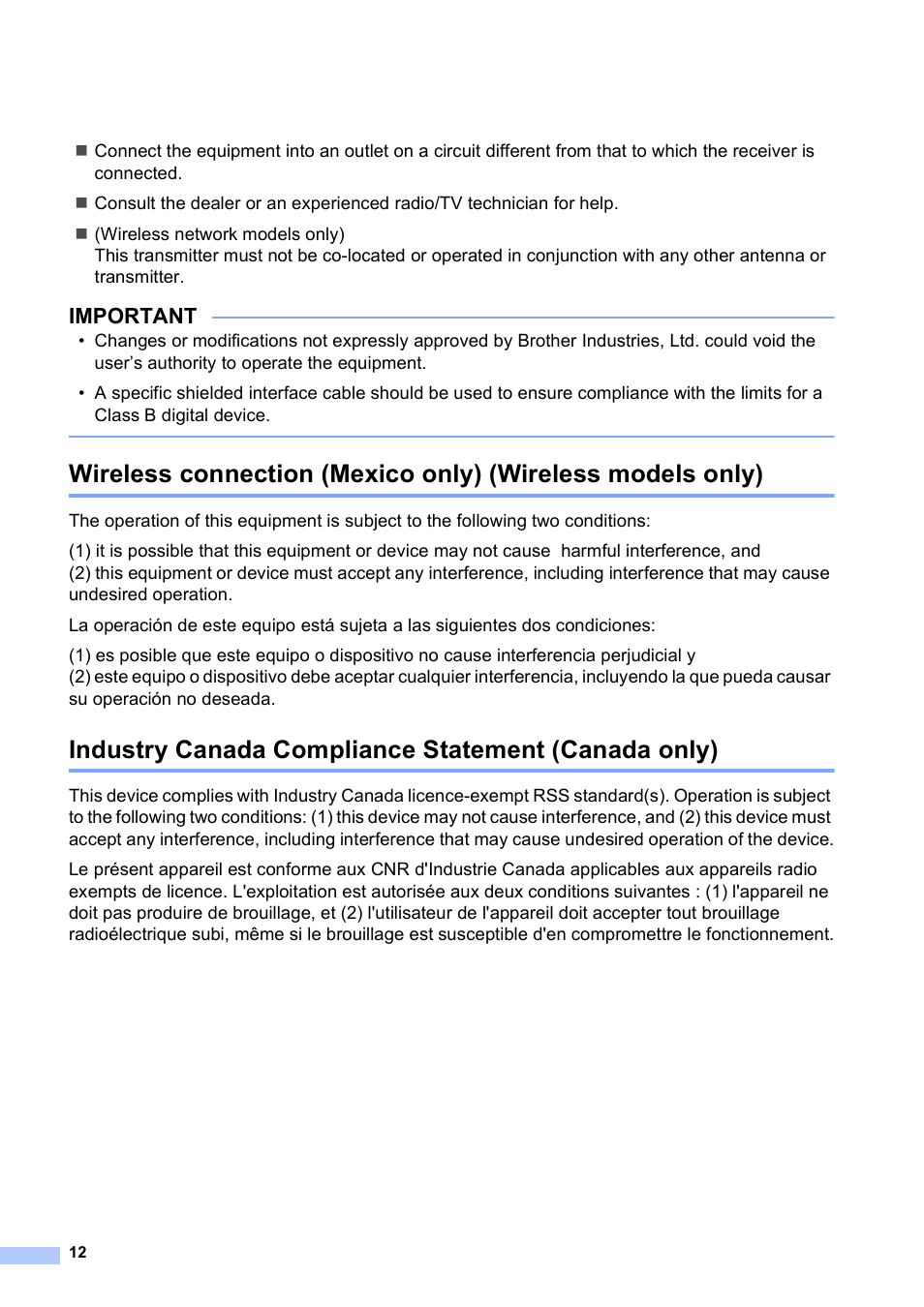 Industry canada compliance statement (canada only), Important | Brother DCP-J152W User Manual | Page 12 / 16