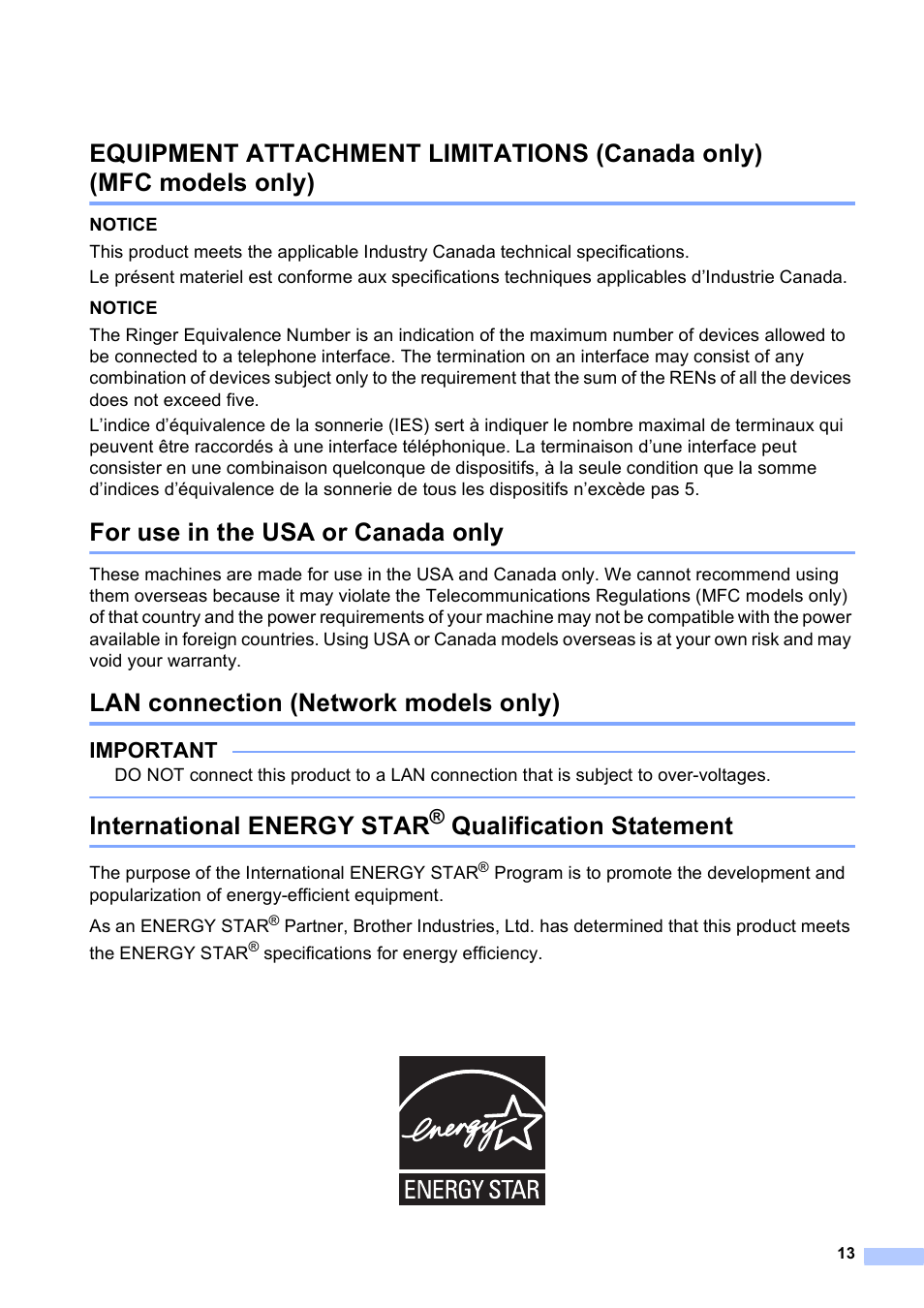 For use in the usa or canada only, Lan connection (network models only), International energy star® qualification statement | International energy star, Qualification statement, Important | Brother DCP-J152W User Manual | Page 13 / 16
